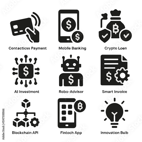 Fintech Innovation Icons. Solid, filled icons set of fintech innovation with blockchain: contactless payment,
