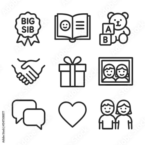 Sibling Preparation Icons. Outline icon set of sibling preparation: big sibling badge, storybook, toy sharing, handshake, gift for