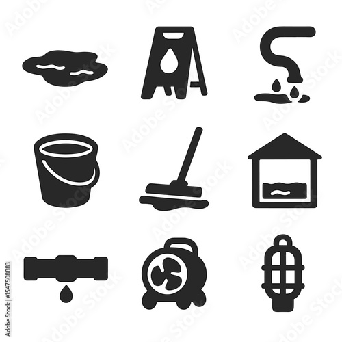 Flood Cleanup Icons. Solid, filled icons set of flood and leak cleanup: standing water, wet floor sign, hose