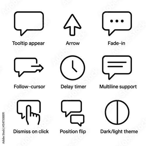 Icon Set Showcase. Outline icon set of tooltip animations: tooltip appear, arrow pointer, fade-in, follow-cursor movement, delay
