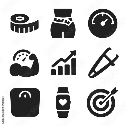 Fitness Measurement Icons. Solid, filled icons set of fitness and body measurements: body tape, waist