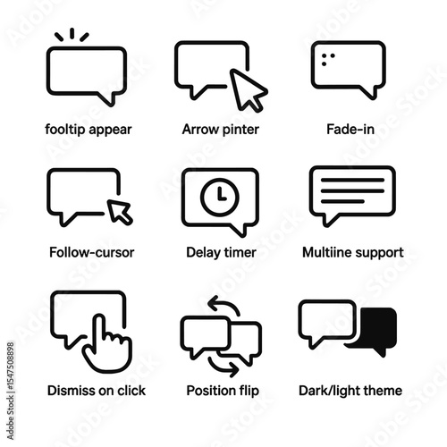 Icon Set Showcase. Outline icon set of tooltip animations: tooltip appear, arrow pointer, fade-in, follow-cursor movement, delay