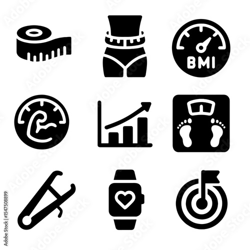 Fitness Measurement Icons. Solid, filled icons set of fitness and body measurements: body tape, waist