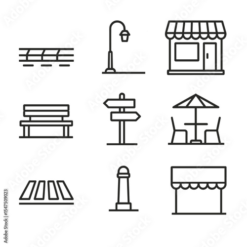 Urban Streetscape Icons. Outline icon set of urban streetscape compositions: sidewalk, street lamp, storefront, bench, street sign