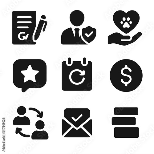 Freelance Success Icons. Solid, filled icons set of long-term freelance success: contract renewal, client