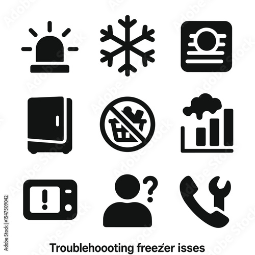 Freezer Troubleshooting Icons. Solid, filled icons set of troubleshooting freezer issues: red alert light,