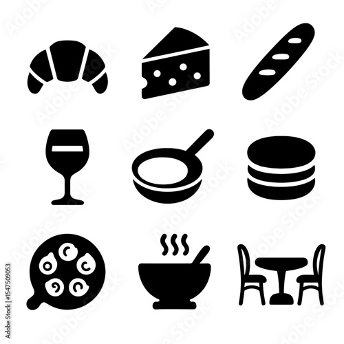 French Cuisine Icons. Solid, filled icons set of French cuisine: croissant, cheese wedge, baguette, wine glass