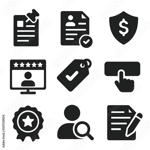 Freelance Tools Icon Set. Solid, filled icons set of freelance marketplace tools: job post, proposal icon,