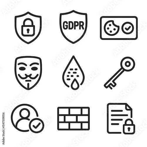 Data Privacy Icons. Outline icon set of data privacy concern markers: padlock shield, GDPR badge, cookie consent banner, anonymous