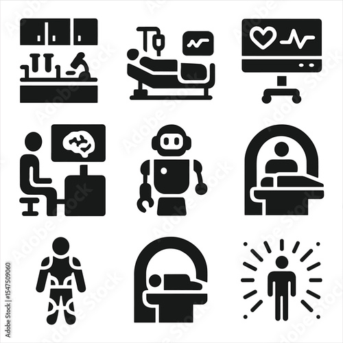 Future Revival Icons. Solid, filled icons set of post-cryonics revival environments: sterile lab, future