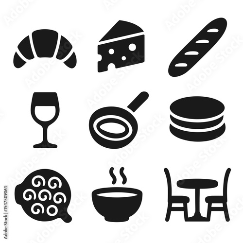 French Cuisine Icons. Solid, filled icons set of French cuisine: croissant, cheese wedge, baguette, wine glass