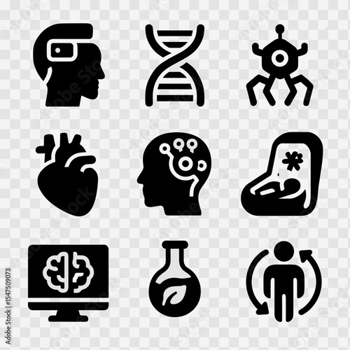 Futuristic Medical Icons. Solid, filled icons set of future medical revival technology: neural scanner, DNA