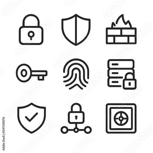 Data Security Icons. Outline icon set of data security trust: padlock, shield, firewall, encryption key, fingerprint, secure