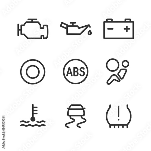 Vehicle Warning Icons. Outline icon set of vehicle dashboard warning lights: engine check, oil pressure, battery, brake system,