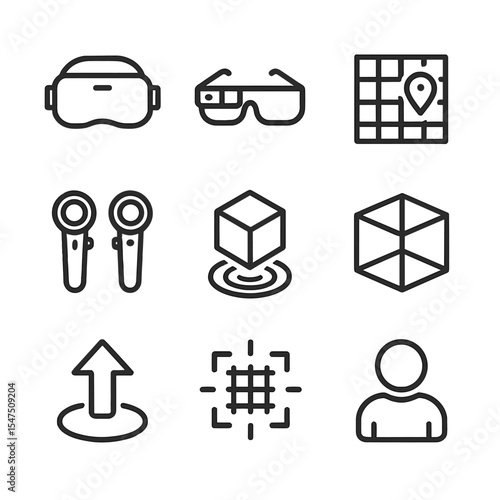 VR_AR Icon Set. Outline icon set of VR/AR experiences: VR goggles, AR glasses, spatial map, hand controllers, hologram cube, room