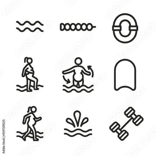 Water Aerobics Icons. Outline icon set of water aerobics for moms-to-be: water wave, pool lane, buoy belt, water dumbbell, leg