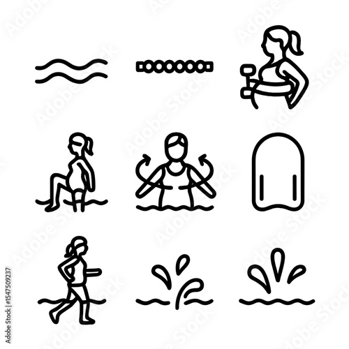 Water Aerobics Icons. Outline icon set of water aerobics for moms-to-be: water wave, pool lane, buoy belt, water dumbbell, leg
