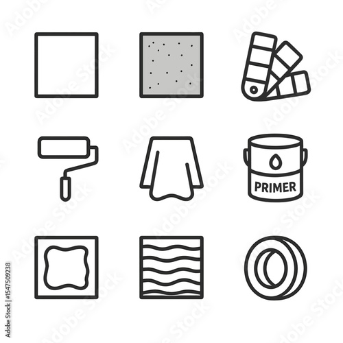 Wall Painting Icons. Outline icon set of wall color and backdrop selection: white wall, gray wall, accent color swatch, paint