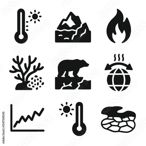 Global Warming Icons. Solid, filled icons set of global warming indicators: thermometer spike, retreating