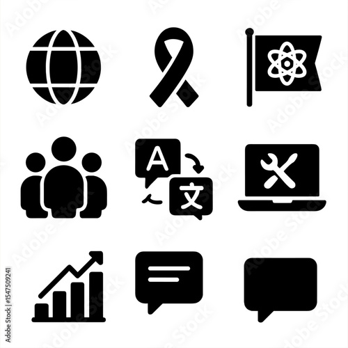 Global Science Icons. Solid, filled icons set of global science awareness campaigns: globe icon, awareness