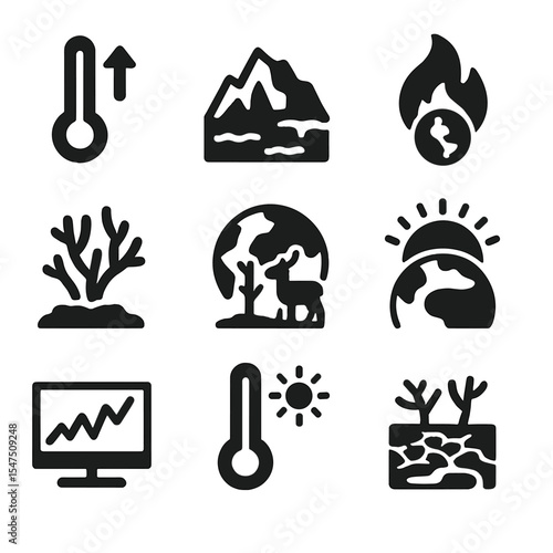 Global Warming Icons. Solid, filled icons set of global warming indicators: thermometer spike, retreating