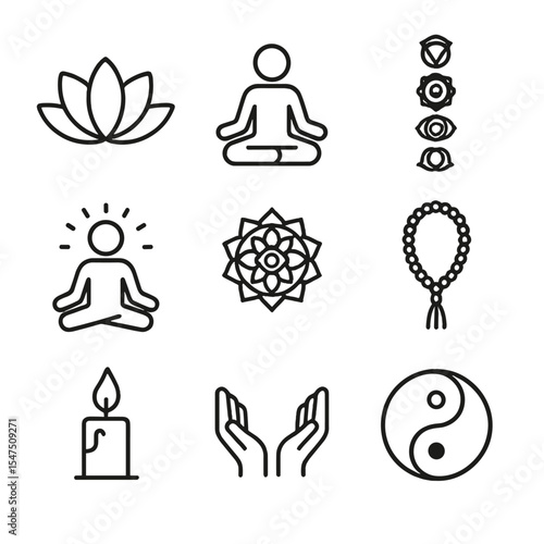 Spiritual Balance Icons. Outline icon set of spiritual journey: lotus flower, meditation pose, chakra symbols, aura halo, mandala,