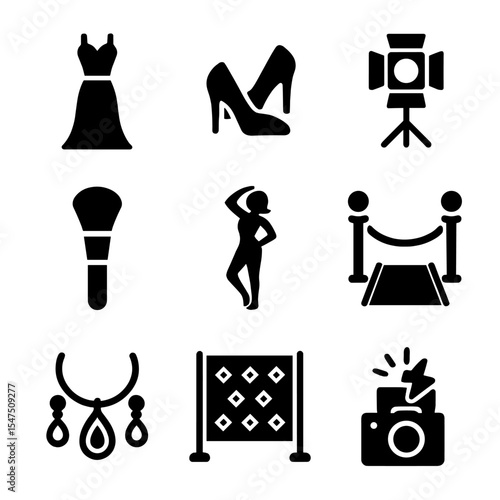 Glamorous Fashion Icons. Solid, filled icons set of glamorous fashion photoshoot: evening gown, high heels,