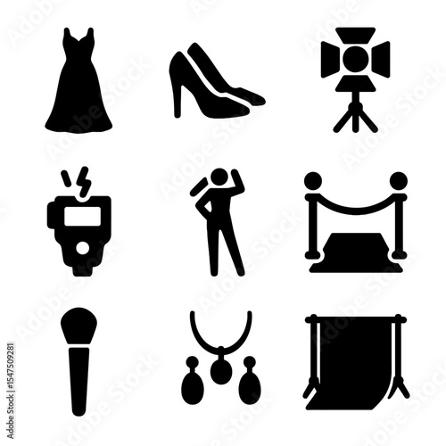 Glamorous Fashion Icons. Solid, filled icons set of glamorous fashion photoshoot: evening gown, high heels,