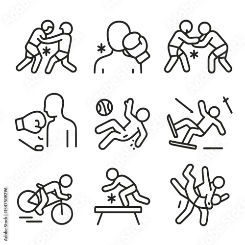 Sports Injury Icons. Outline icon set of bruise in sports injuries: football tackle, boxing glove, rugby collision, hockey puck