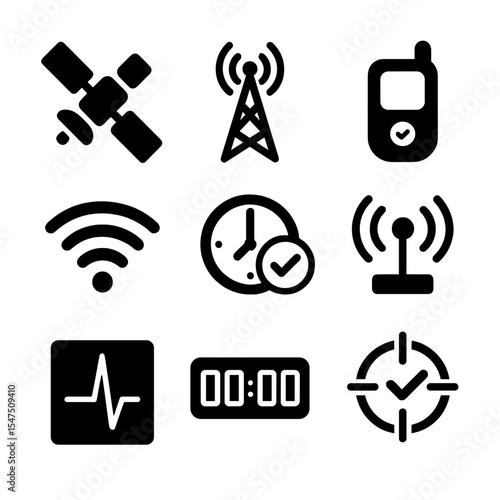 GPS Radio Icons Grid. Solid, filled icons set of GPS and radio time synchronization: satellite icon, radio