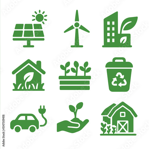Green City Icons. Solid, filled icons set of green city elements: solar panel, wind turbine, eco building,
