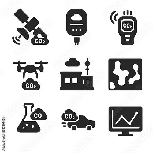 Greenhouse Gas Icons. Solid, filled icons set of greenhouse gas monitoring tools: satellite view, air quality