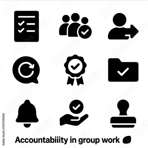 Group Work Icons. Solid, filled icons set of accountability in group work: progress checklist, task assigned,