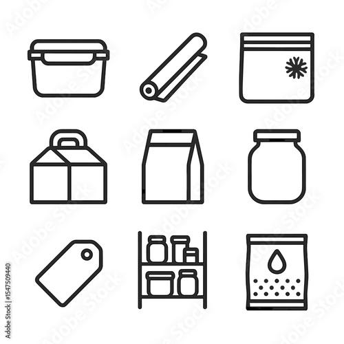 Storage Icon Set. Outline icon set of storage and preservation: airtight container, cling film roll, freezer bag, pastry box,