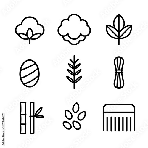 Weaving Fiber Icons. Outline icon set of weaving natural fibers: cotton boll, wool fleece, linen leaf, silk cocoon, hemp stalk,