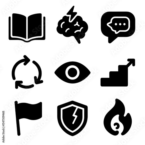 Growth Mindset Icons. Solid, filled icons set of growth mindset habits: open book, brain spark, feedback