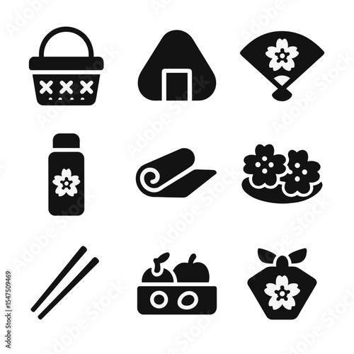 Hanami Picnic Icons. Solid, filled icons set of hanami picnic items: picnic basket, rice ball, blossom fan,
