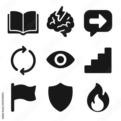 Growth Mindset Icons. Solid, filled icons set of growth mindset habits: open book, brain spark, feedback