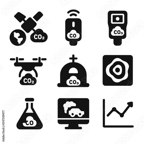 Greenhouse Gas Icons. Solid, filled icons set of greenhouse gas monitoring tools: satellite view, air quality