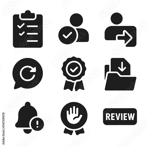 Group Work Icons. Solid, filled icons set of accountability in group work: progress checklist, task assigned,