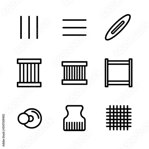 Weaving Techniques Icons. Outline icon set of basic weaving techniques: warp thread, weft thread, shuttle, heddle, reed, loom