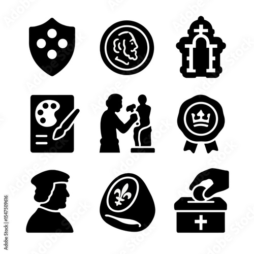 Historical Icons Grid. Solid, filled icons set of historical patrons of the arts: Medici crest, gold coin,