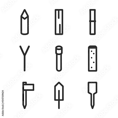 Wooden Stake Icons. Outline icon set of wooden stakes: sharpened wooden stake, split rail stake, bamboo stake, Y-shaped stake,