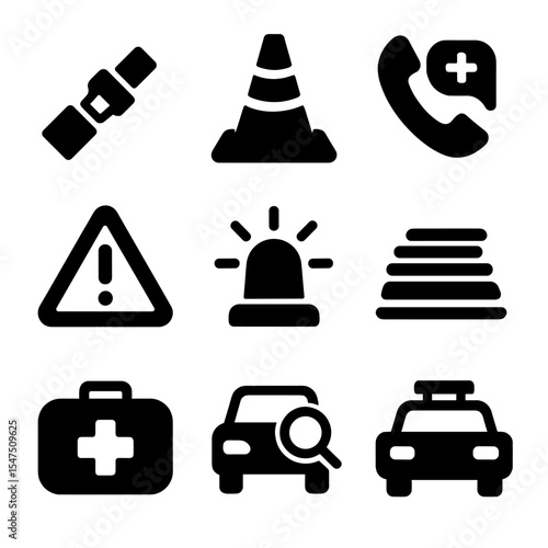 Highway Safety Icons. Solid, filled icons set of highway safety and rules: seatbelt icon, road cone, emergency