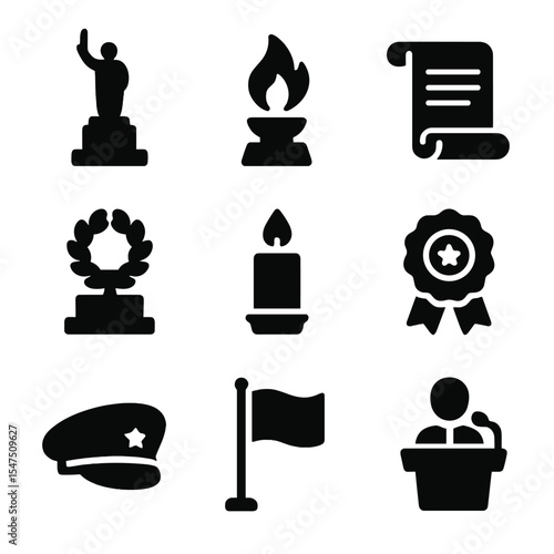 Historical Commemoration Icons. Solid, filled icons set of historical commemoration holidays: statue icon,