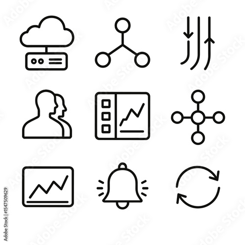 Digital Twin Icons. Outline icon set of digital twin and IoT: cloud server, sensor node, data stream, digital model, dashboard,