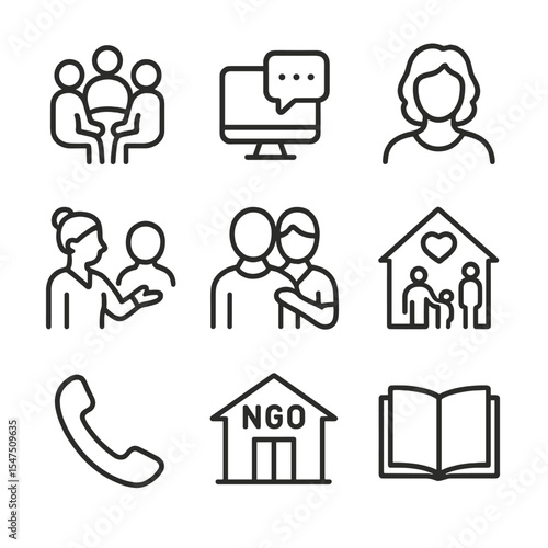Support Network Icons. Outline icon set of support network resources: peer support group, online forum, therapist silhouette,