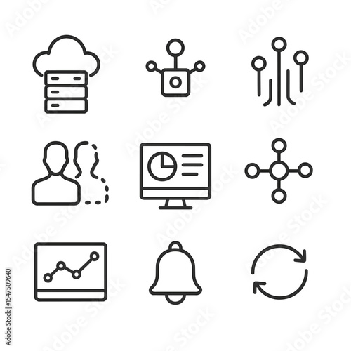 Digital Twin Icons. Outline icon set of digital twin and IoT: cloud server, sensor node, data stream, digital model, dashboard,