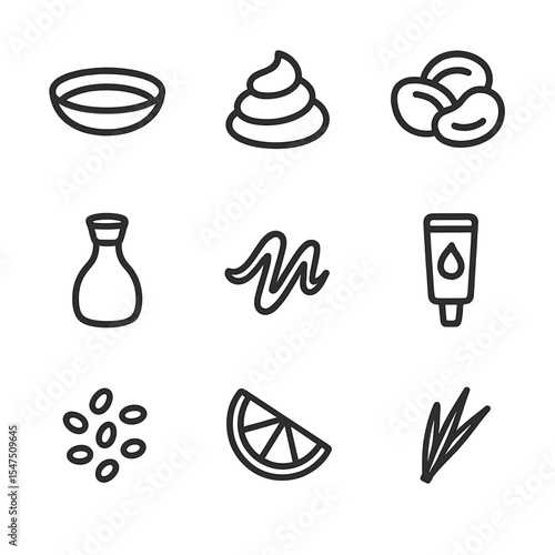 Sushi Condiment Icons. Outline icon set of sushi condiments: soy sauce dish, wasabi dollop, pickled ginger, ponzu sauce bottle,