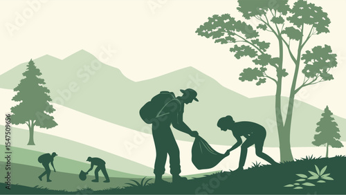People cleaning up nature park. Volunteers doing environmental cleanup. Community service teamwork protecting earth. Green landscape.